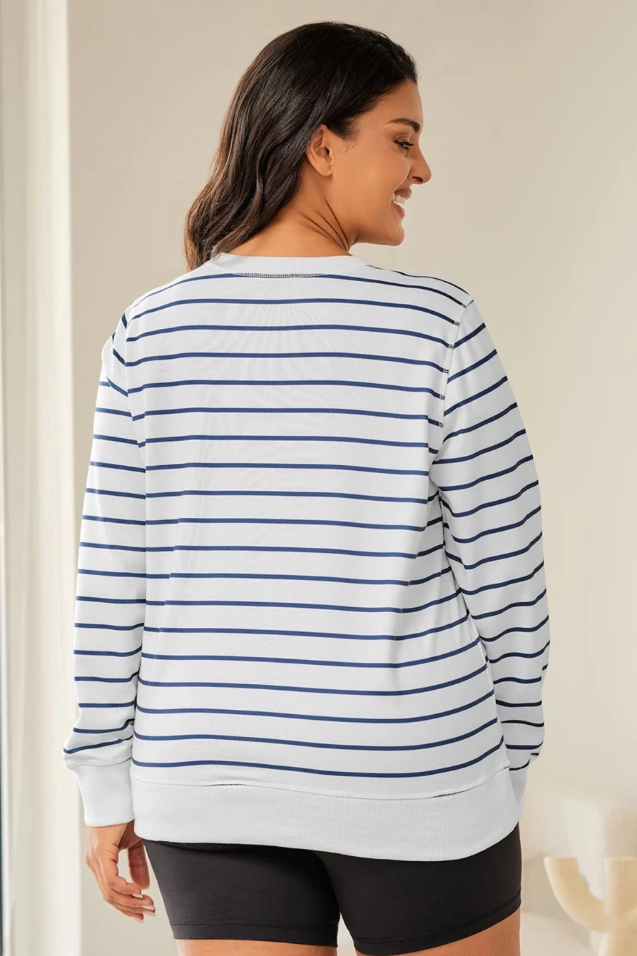 Shewin Women's Plus Size Striped Long Sleeve Basic Print Top