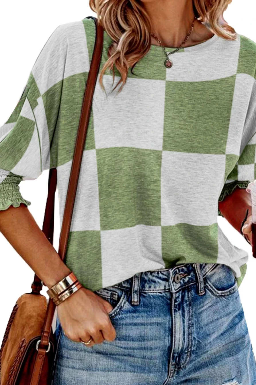 Shewin Women's Grass Green Checkered Ruffle Tee with Smocked Cuffs