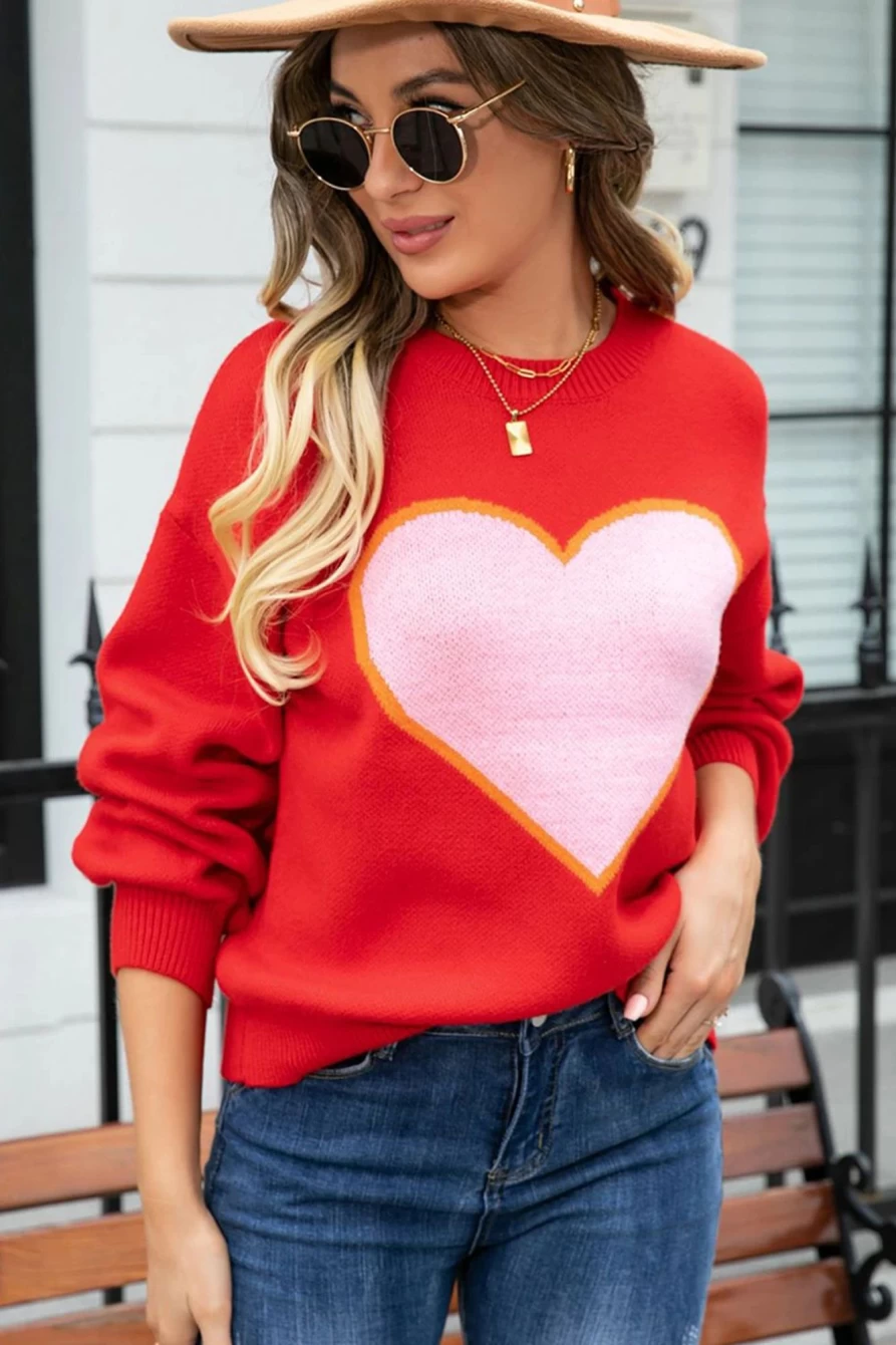 "SheWin Women's Fiery Red Valentine's Day Colorblock Heart Print Sweater"