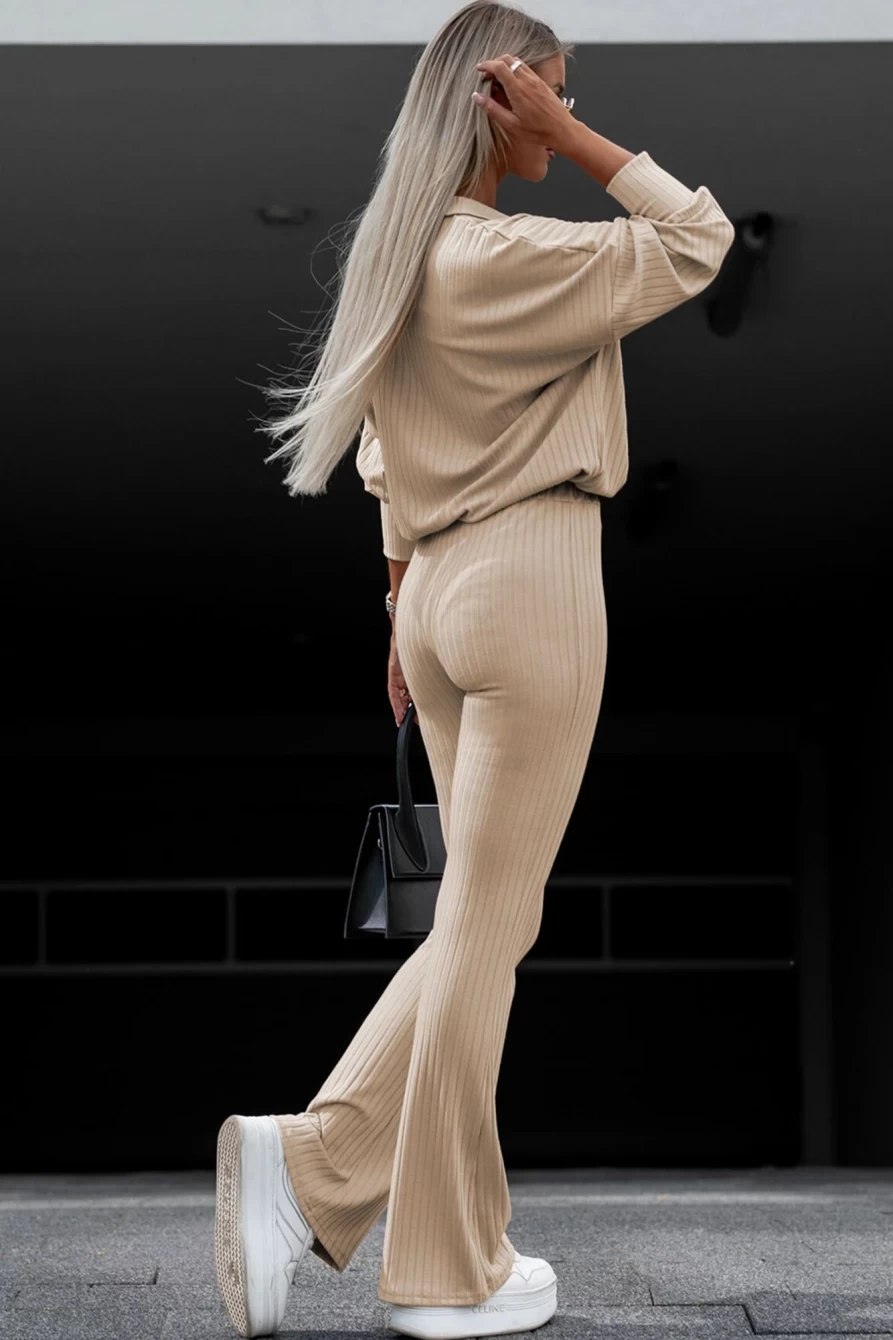 Shewin Women's Khaki Ribbed Drop Sleeve Pullover & High Waist Pants Set
