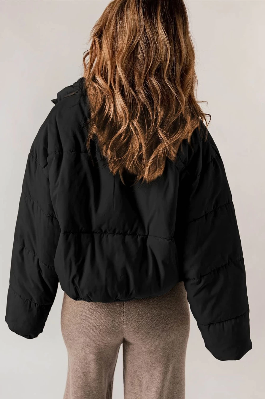 Women's Black Zip-Up Puffer Coat with Drawstring Hem and Pockets by Shewin