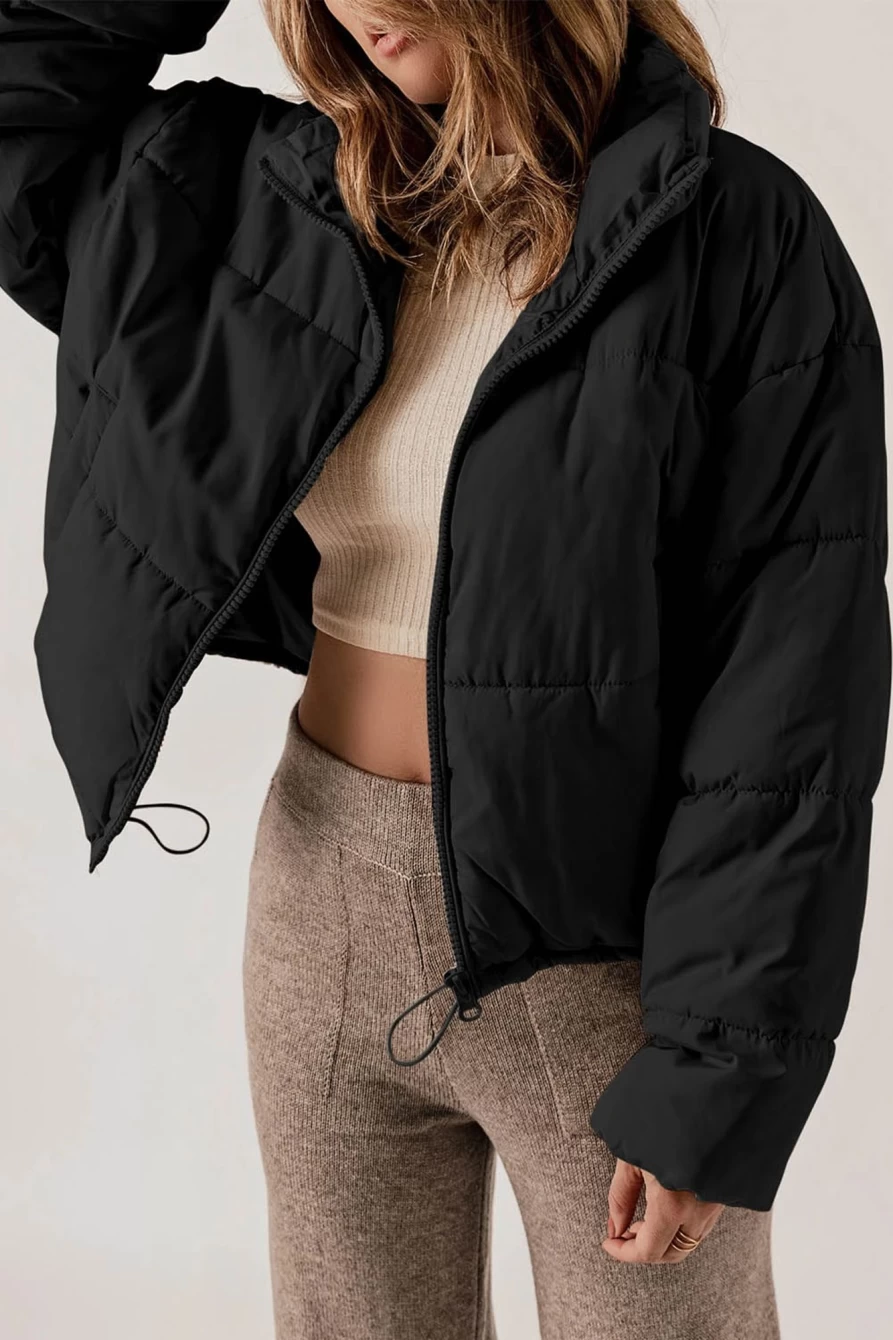 Women's Black Zip-Up Puffer Coat with Drawstring Hem and Pockets by Shewin