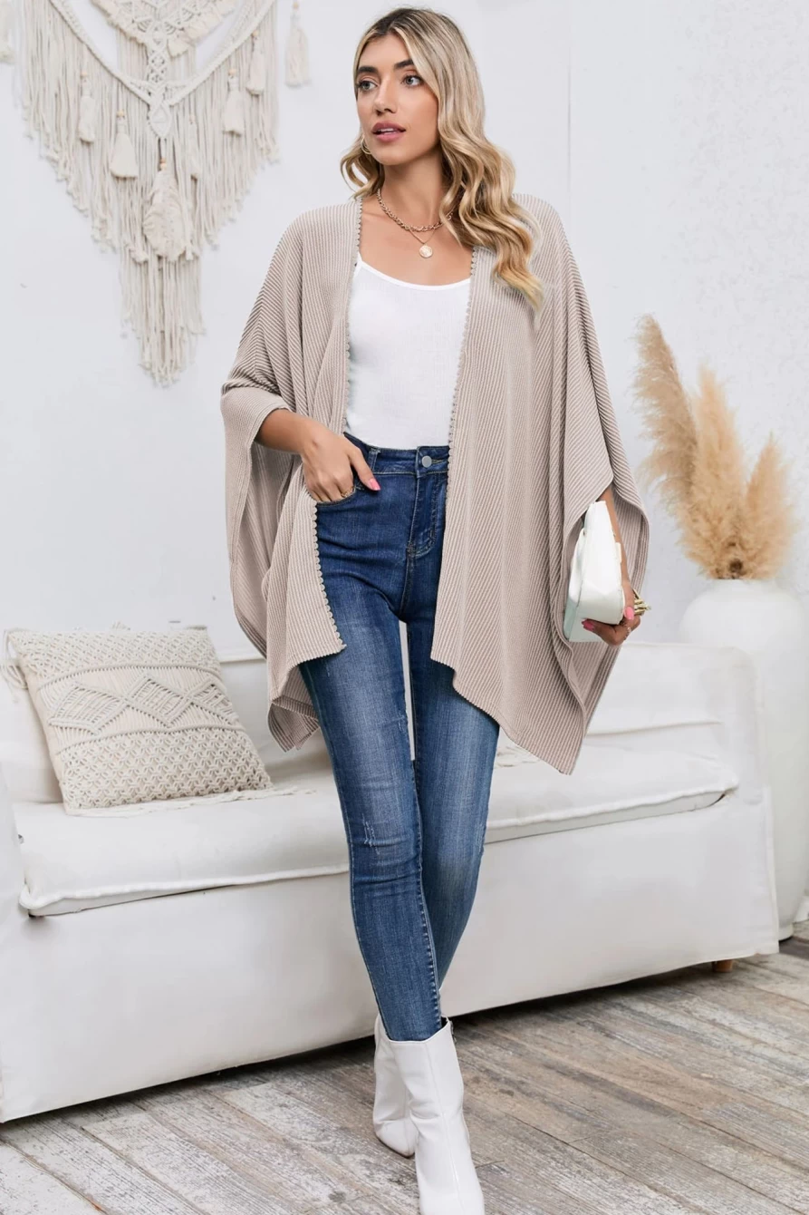 Shewin Women's Apricot Textured Lace Trim Kimono Cardigan Open Front Cover-Up