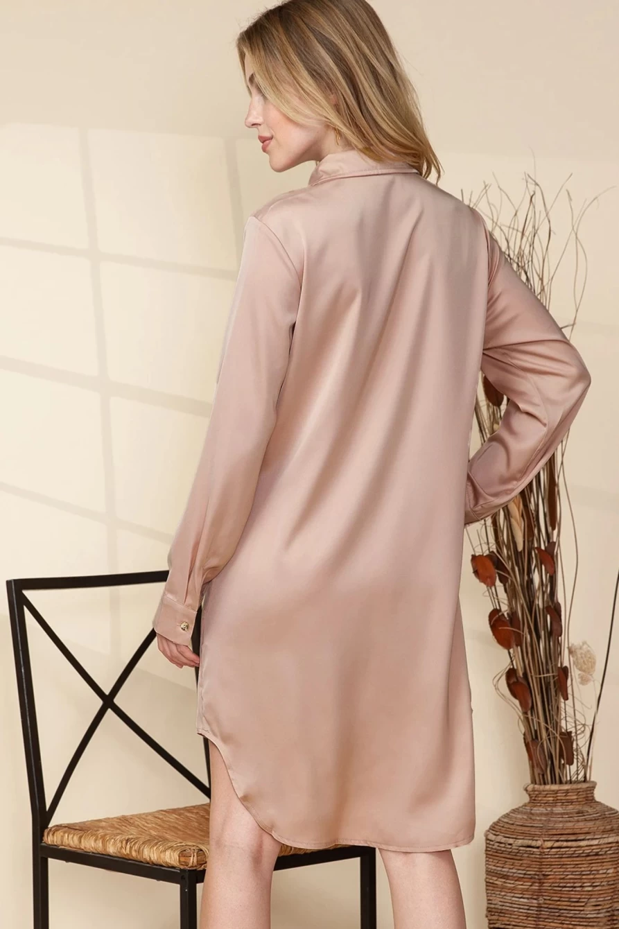 Shewin Women's Khaki Sequin Pocket Button-Up Shirt Dress