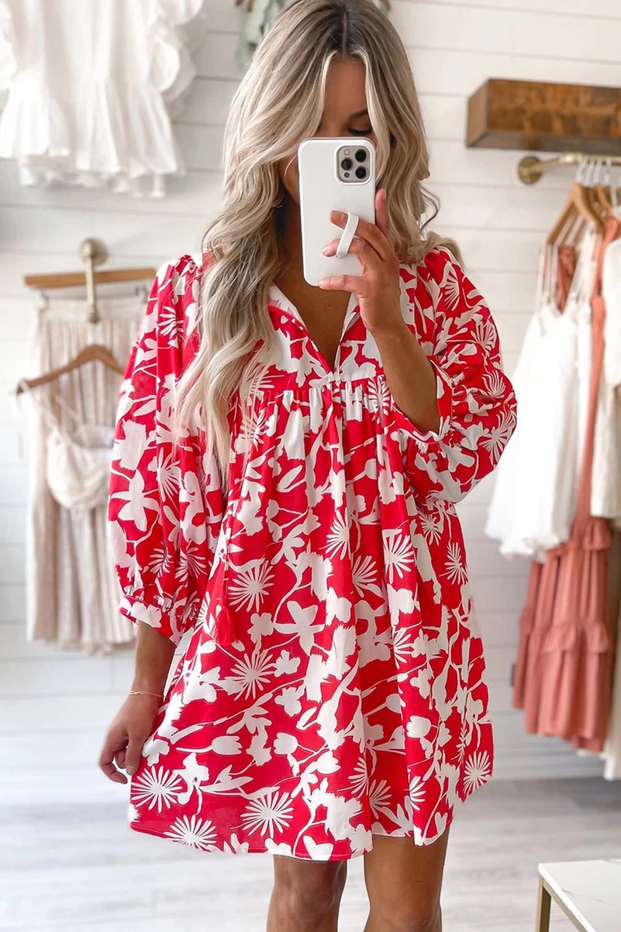 Shewin Women's Red Floral Print Babydoll Dress with Puff Sleeves & Split Neck