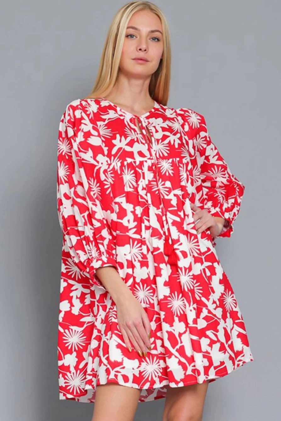 Shewin Women's Red Floral Print Babydoll Dress with Puff Sleeves & Split Neck