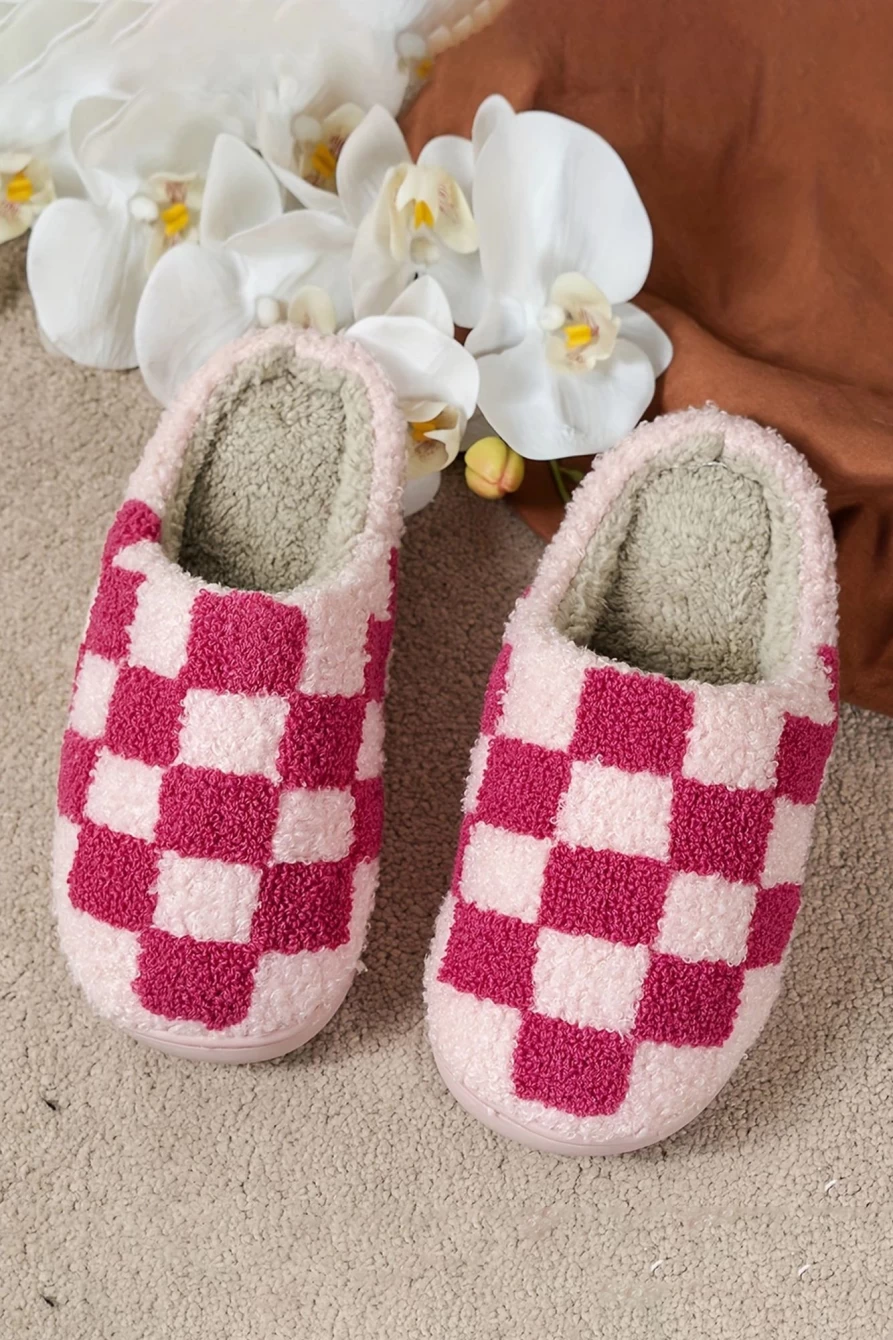 "Shewin Women's Fiery Red Checkered Print Fuzzy Slip-On Winter Slippers"