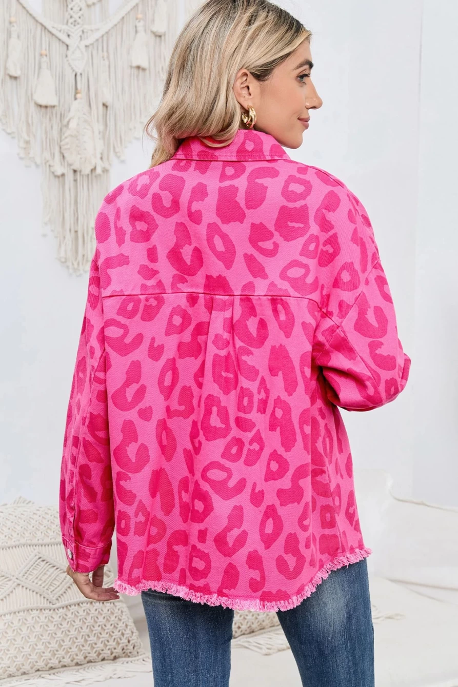 Shewin Women's Pink Leopard Print Jacket with Button Cuffs & Raw Hem Detail