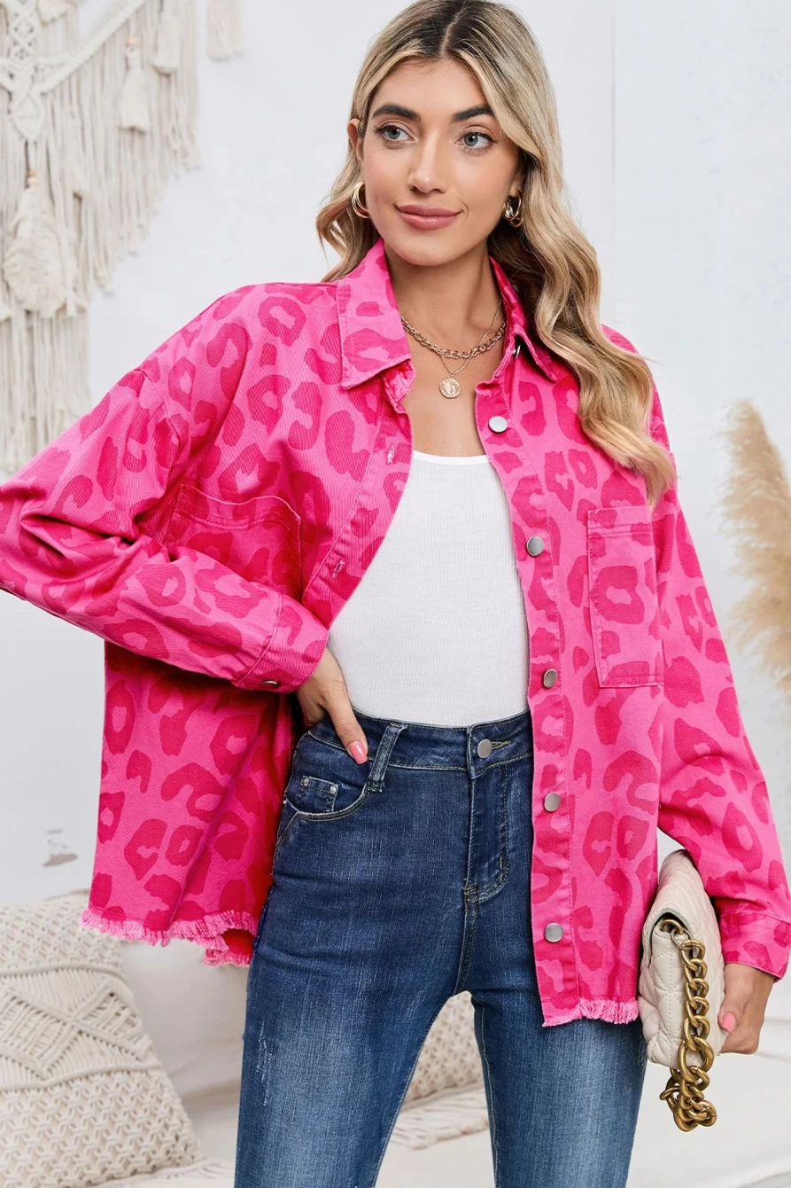 Shewin Women's Pink Leopard Print Jacket with Button Cuffs & Raw Hem Detail