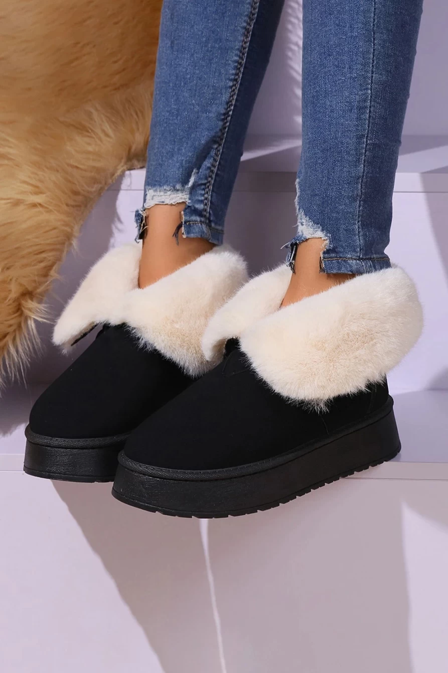 Shewin Women's Black Suede Plush Lined Snow Boots - Casual Winter Boots for Women