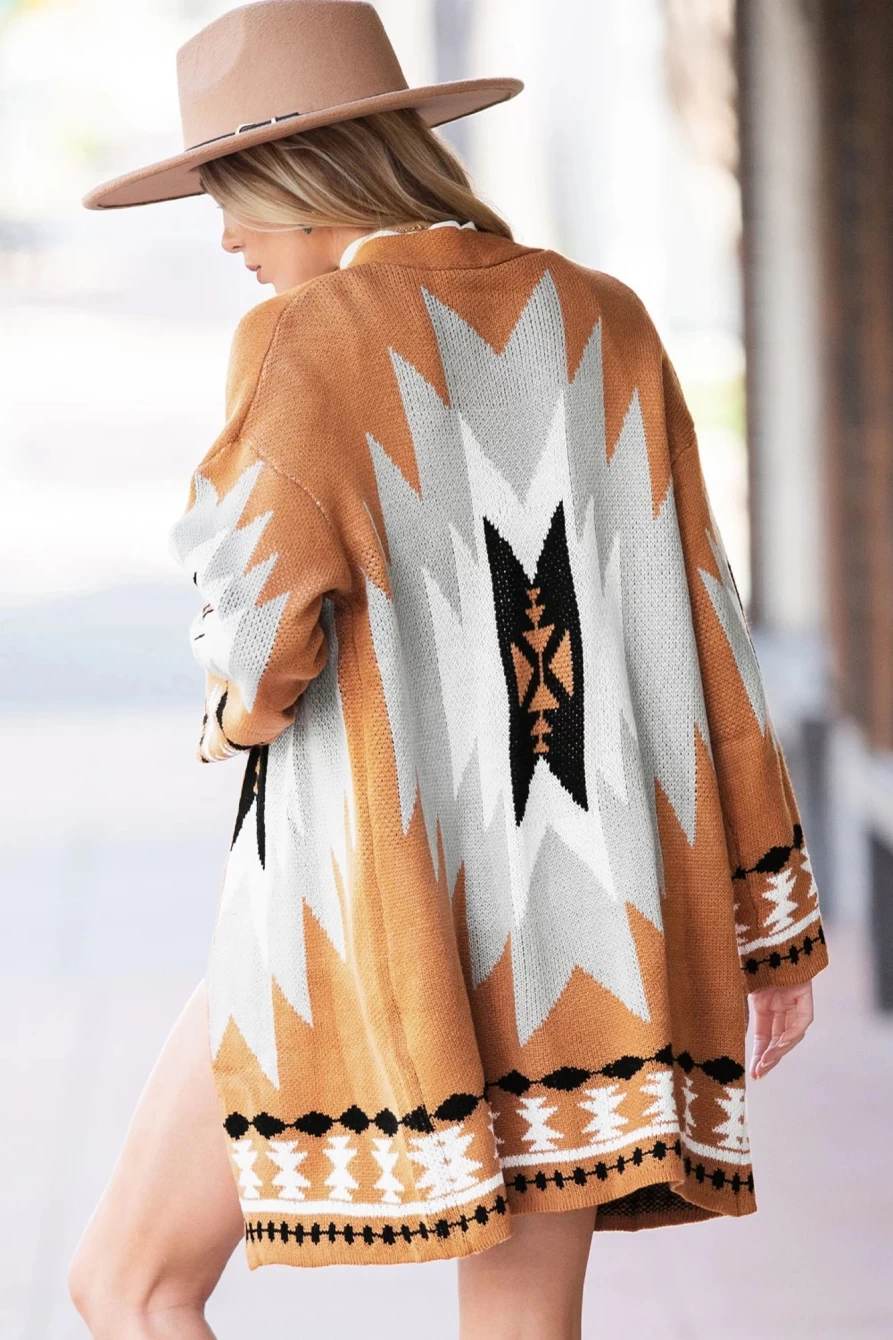 "Shewin Women's Gold Flame Geometric Graphic Open Front Cardigan"