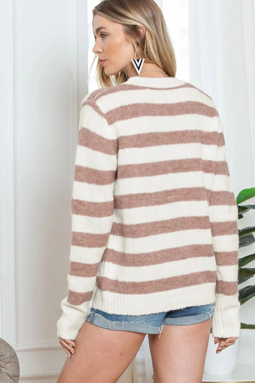 Shewin Women's Brown Striped Colorblock Long Sleeve Casual Sweater