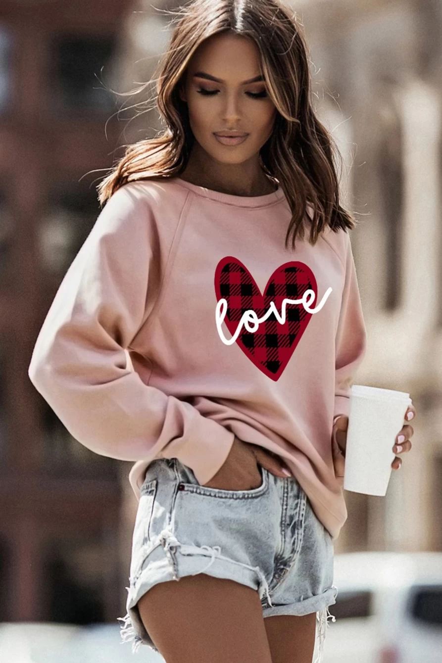 "Shewin Women's Pink Love Heart Plaid Print Graphic Sweatshirt with Raglan Sleeves"