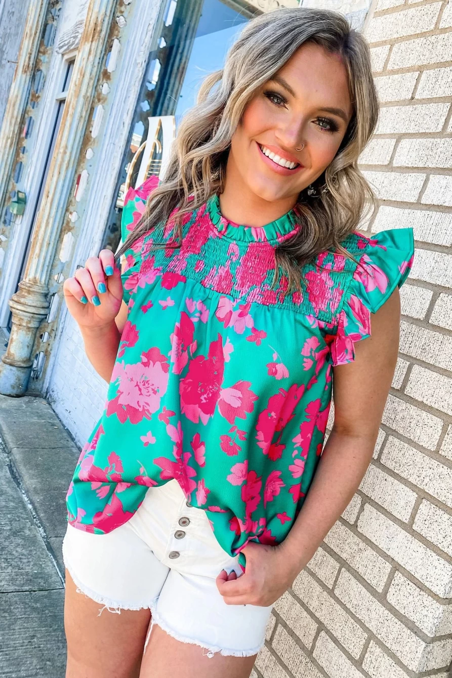 Shewin Women's Green Floral Smocked Blouse with Ruffled Flutter Sleeves