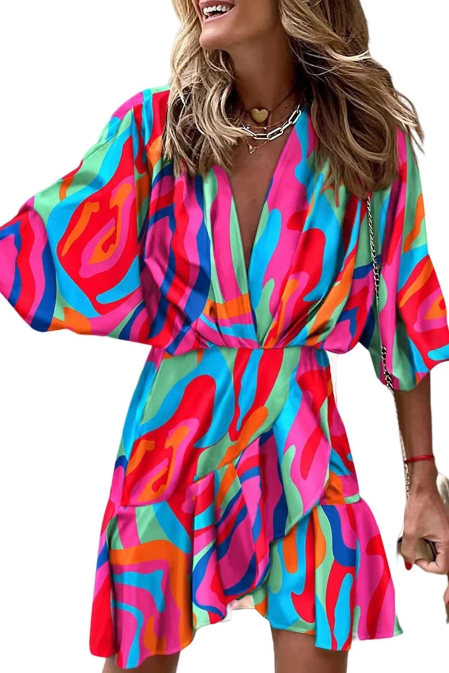Shewin Women's Multicolor Abstract Print V-Neck Dolman Sleeve Ruffle Wrap Dress