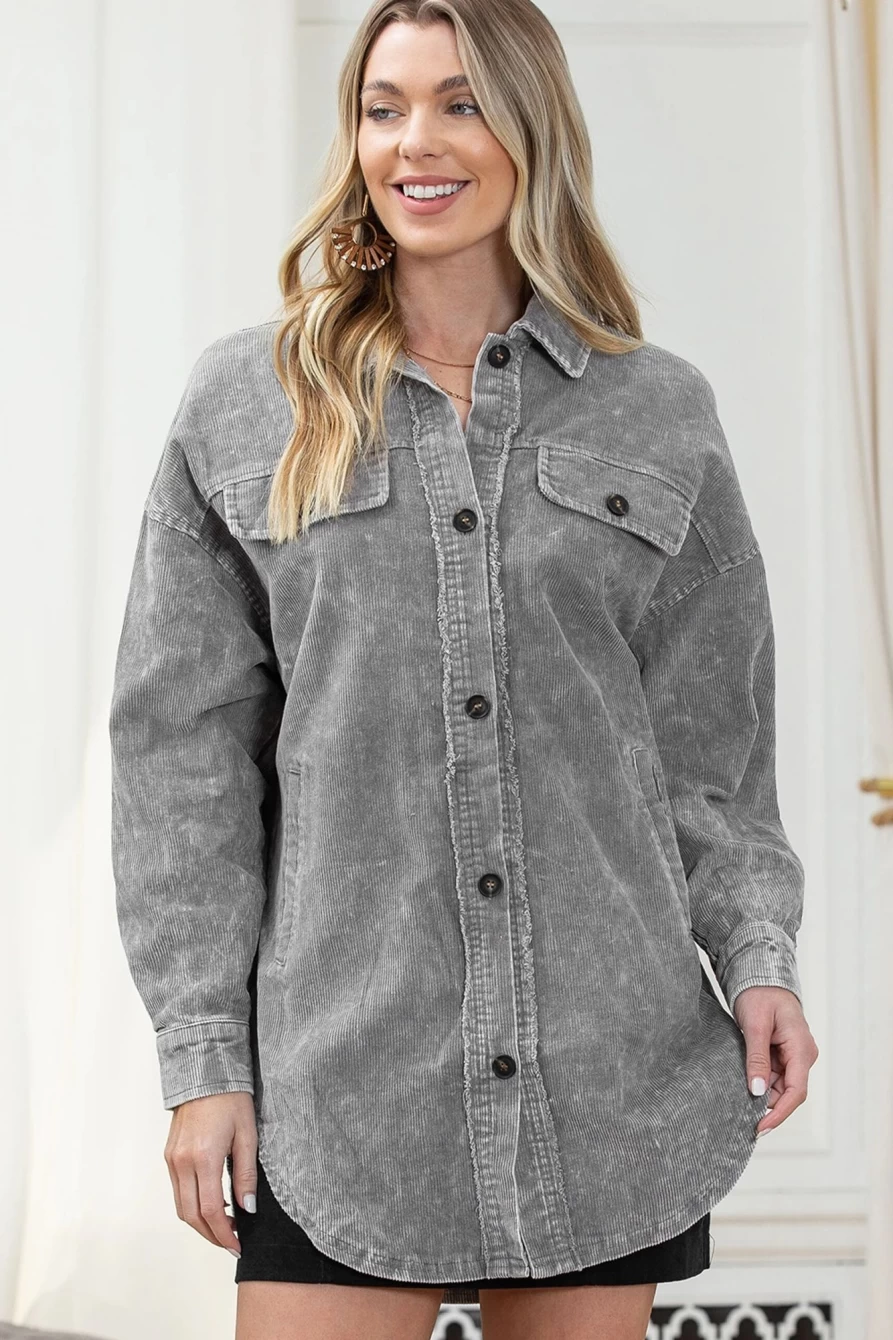 Shewin Women's Gray Vintage Distressed Oversized Shacket - Mineral Wash Cotton Jacket
