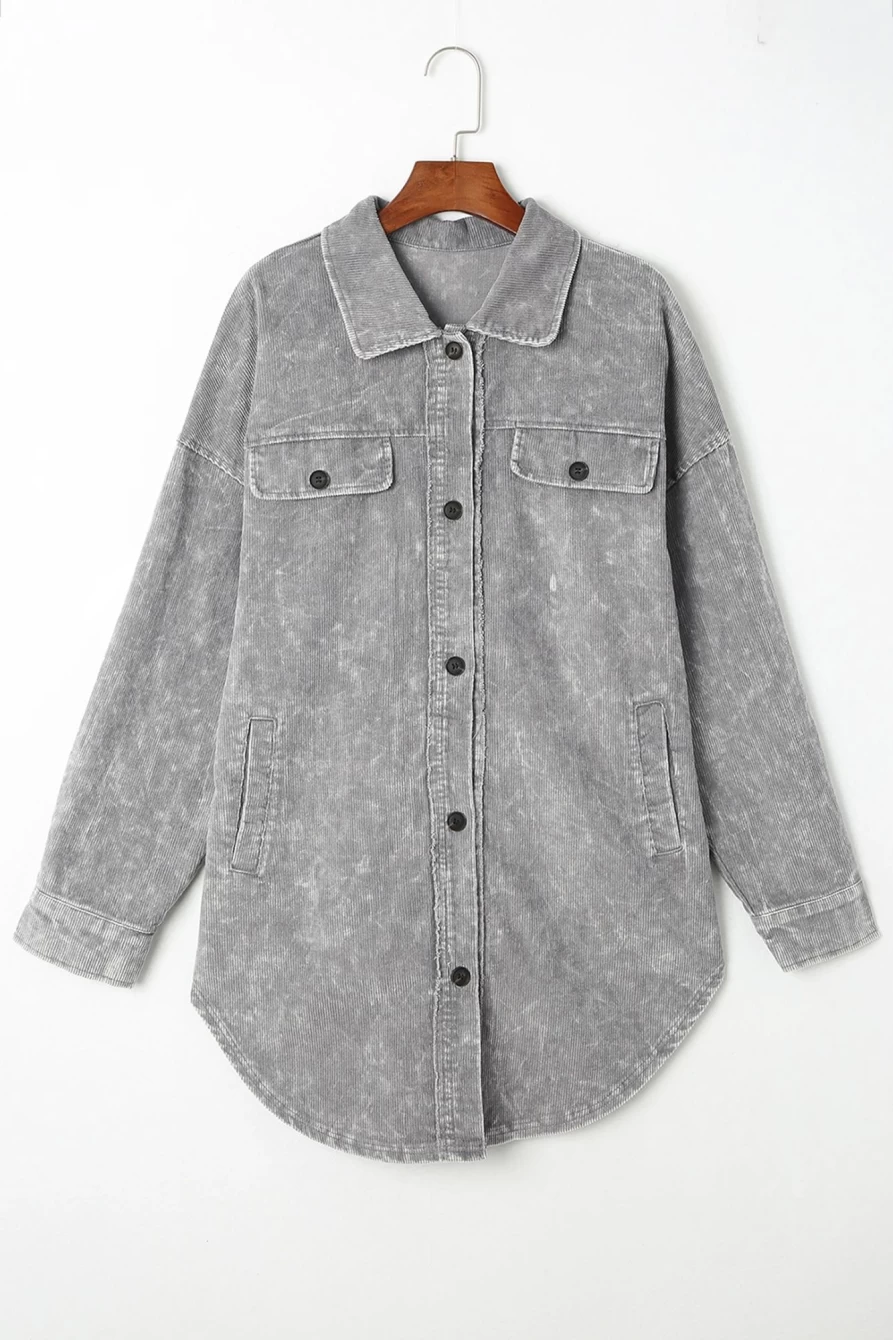 Shewin Women's Gray Vintage Distressed Oversized Shacket - Mineral Wash Cotton Jacket