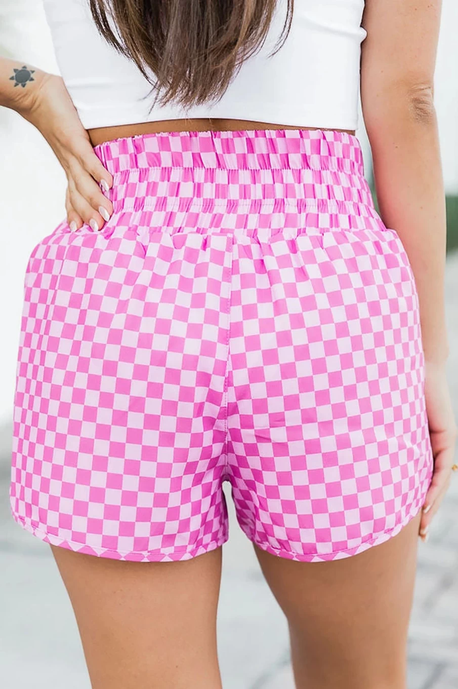Shewin Women's High Waisted Athletic Shorts - Pink Plaid Print Workout Shorts for Women