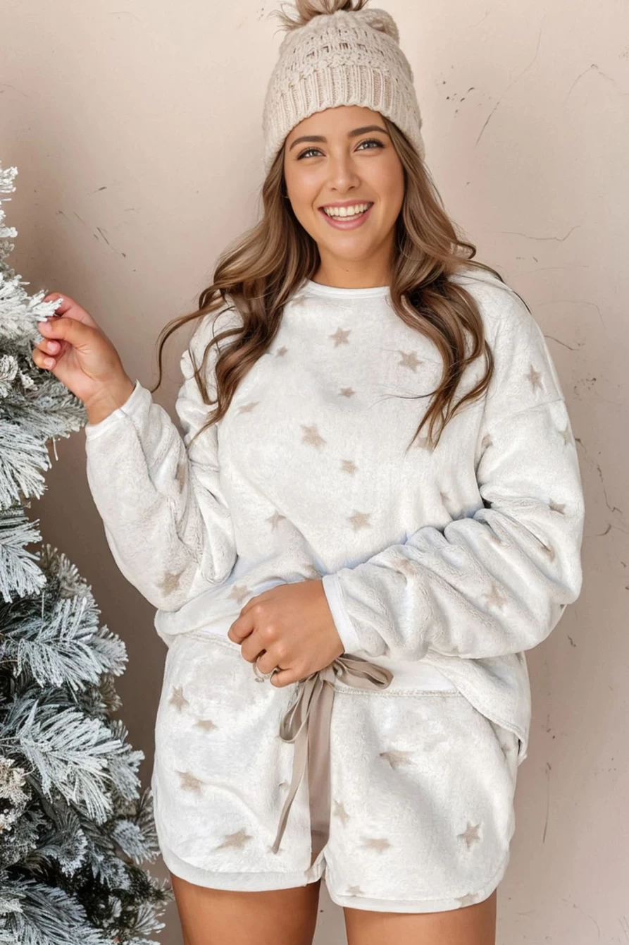 Shewin Women's Plus Size White Star Print Top & Drawstring Shorts Set