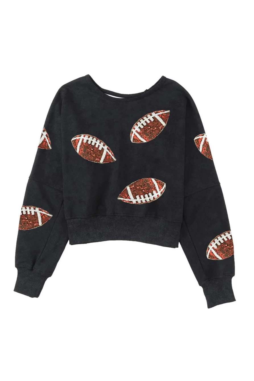 "Shewin Women's Black Sequined Rugby Graphic Open Back Sweatshirt"