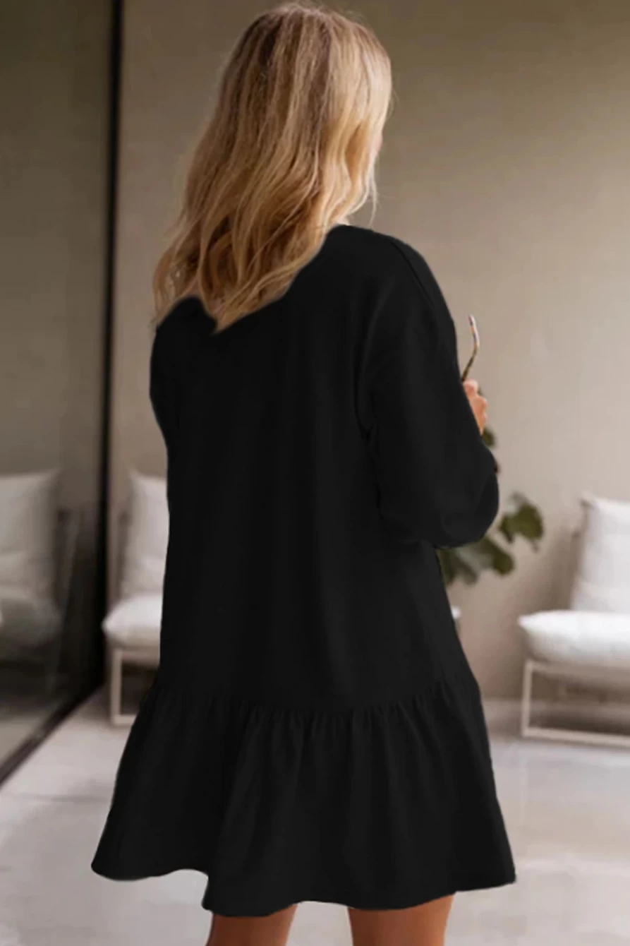 Shewin Women's Black Solid Color Ruffle Hem Mini Sweatshirt Dress