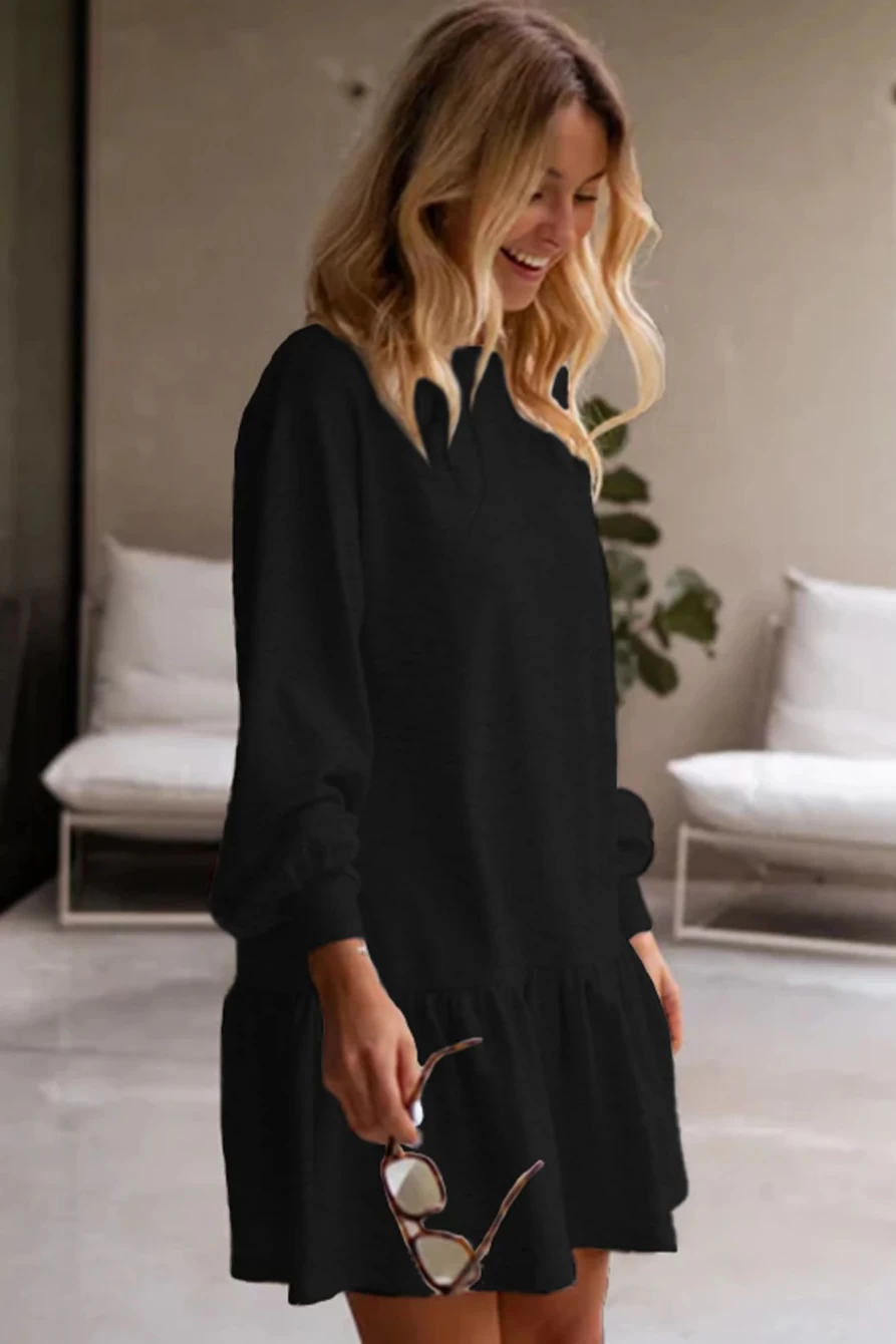Shewin Women's Black Solid Color Ruffle Hem Mini Sweatshirt Dress