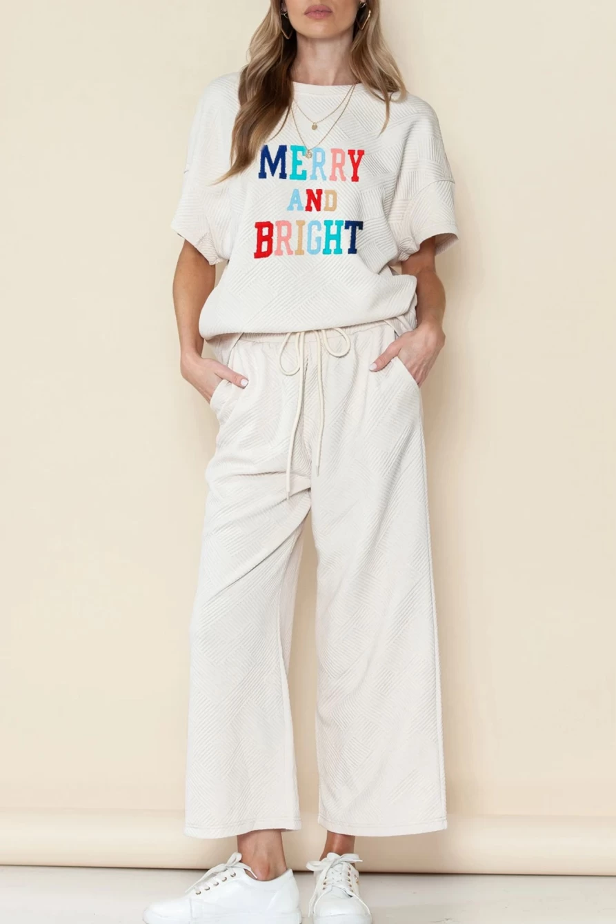 Shewin Women's White Merry And Bright Graphic Print Top with Drawstring Wide Leg Pants Set