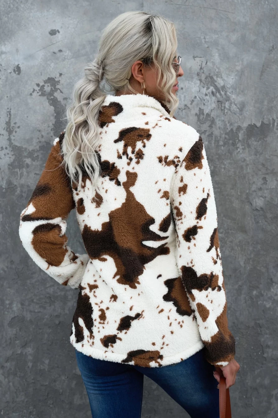 Shewin Women's White Animal Print Sweatshirt with Zipper Collar and Pockets