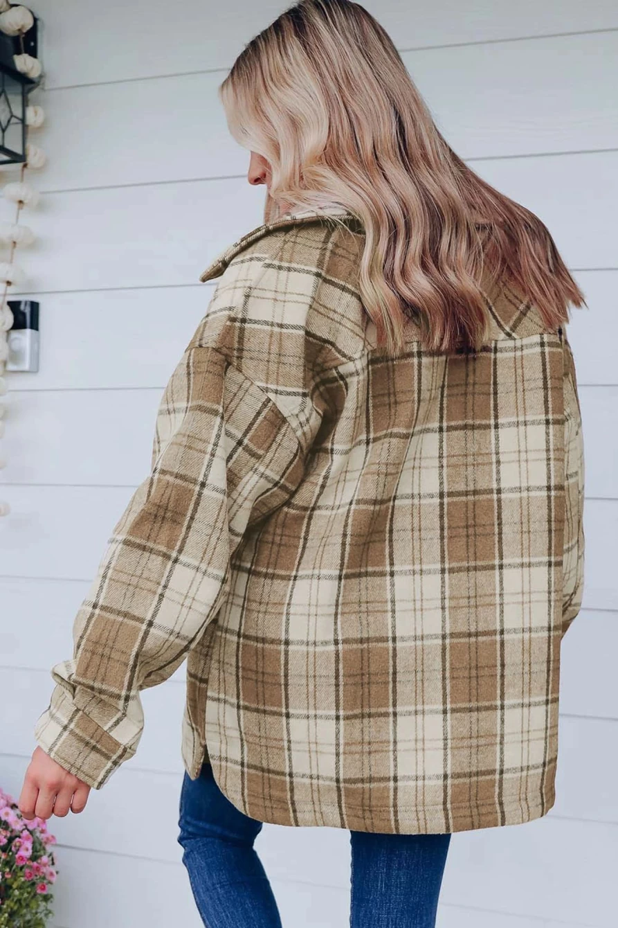 Women's Brown Plaid Print Shacket with Chest Pockets by Shewin