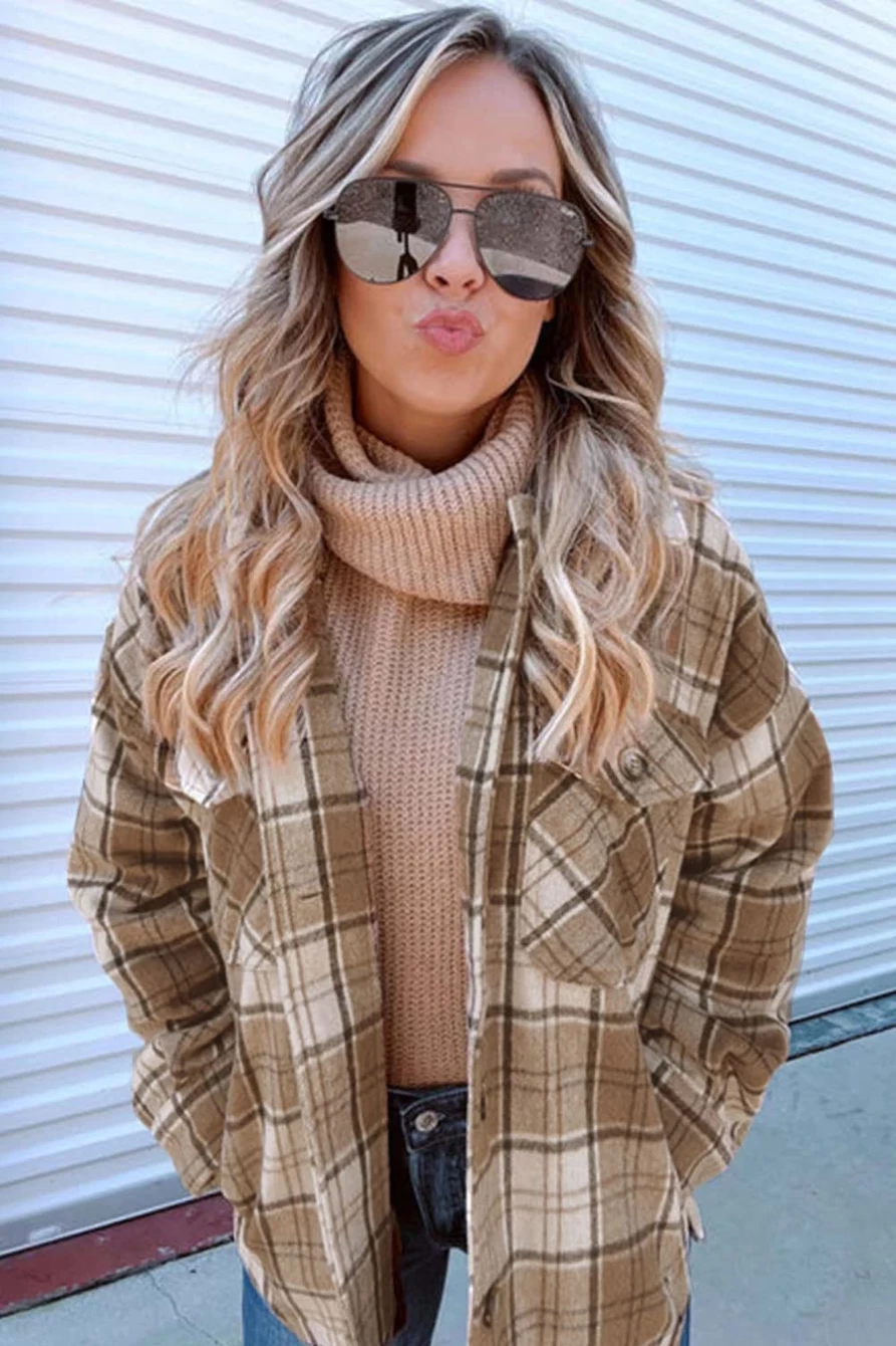 Women's Brown Plaid Print Shacket with Chest Pockets by Shewin