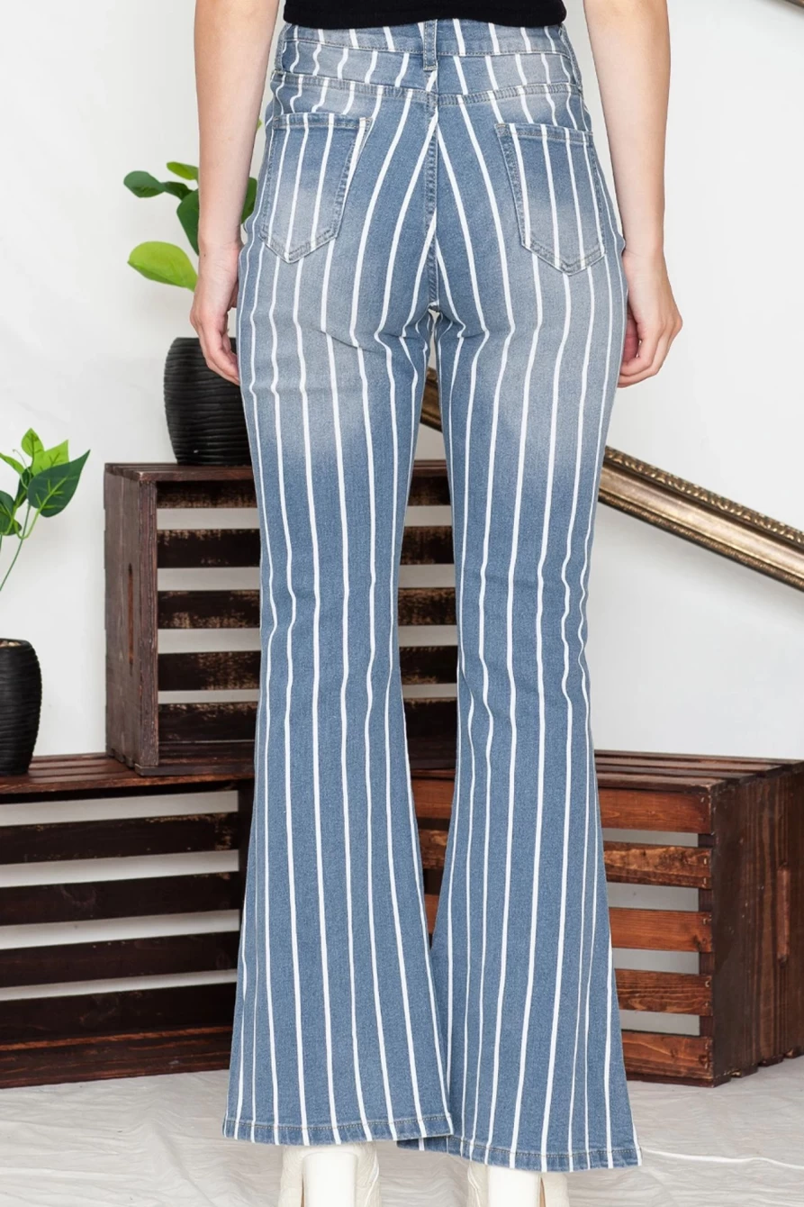 Shewin Women's Sky Blue Vertical Striped Ripped Flare Jeans - High Waisted Distressed Denim Pants