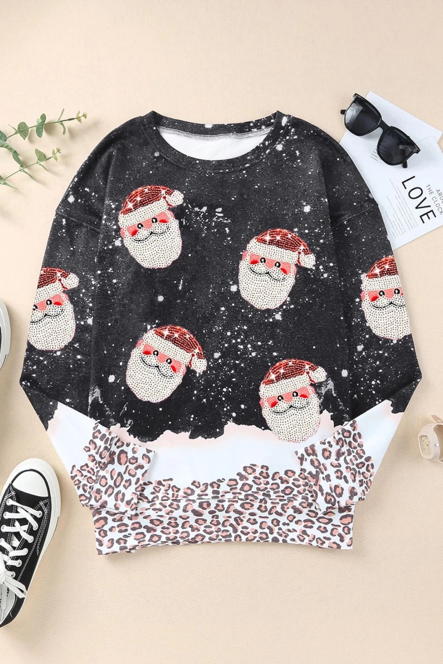 Women's Black Leopard Print Sequined Santa Claus Graphic Pullover Sweatshirt - Shewin