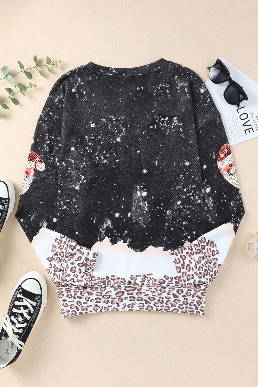 Women's Black Leopard Print Sequined Santa Claus Graphic Pullover Sweatshirt - Shewin