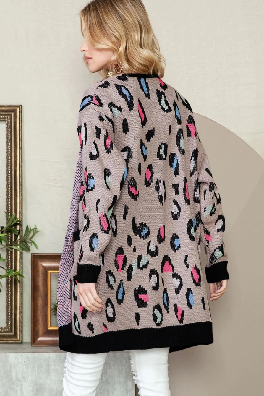 Women's Leopard Print Long Open Front Cardigan - Shewin Knit Pocket Sweater