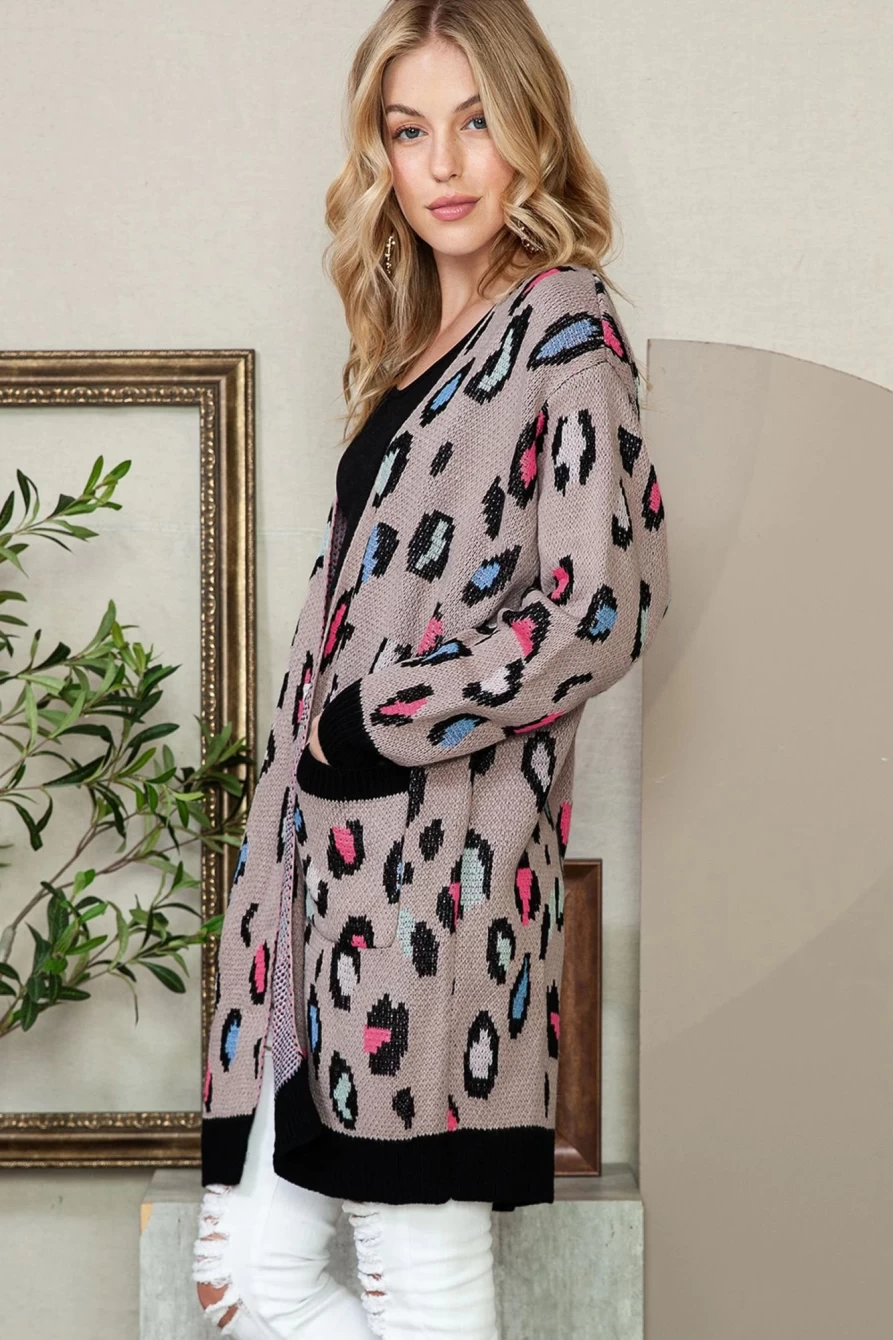 Women's Leopard Print Long Open Front Cardigan - Shewin Knit Pocket Sweater