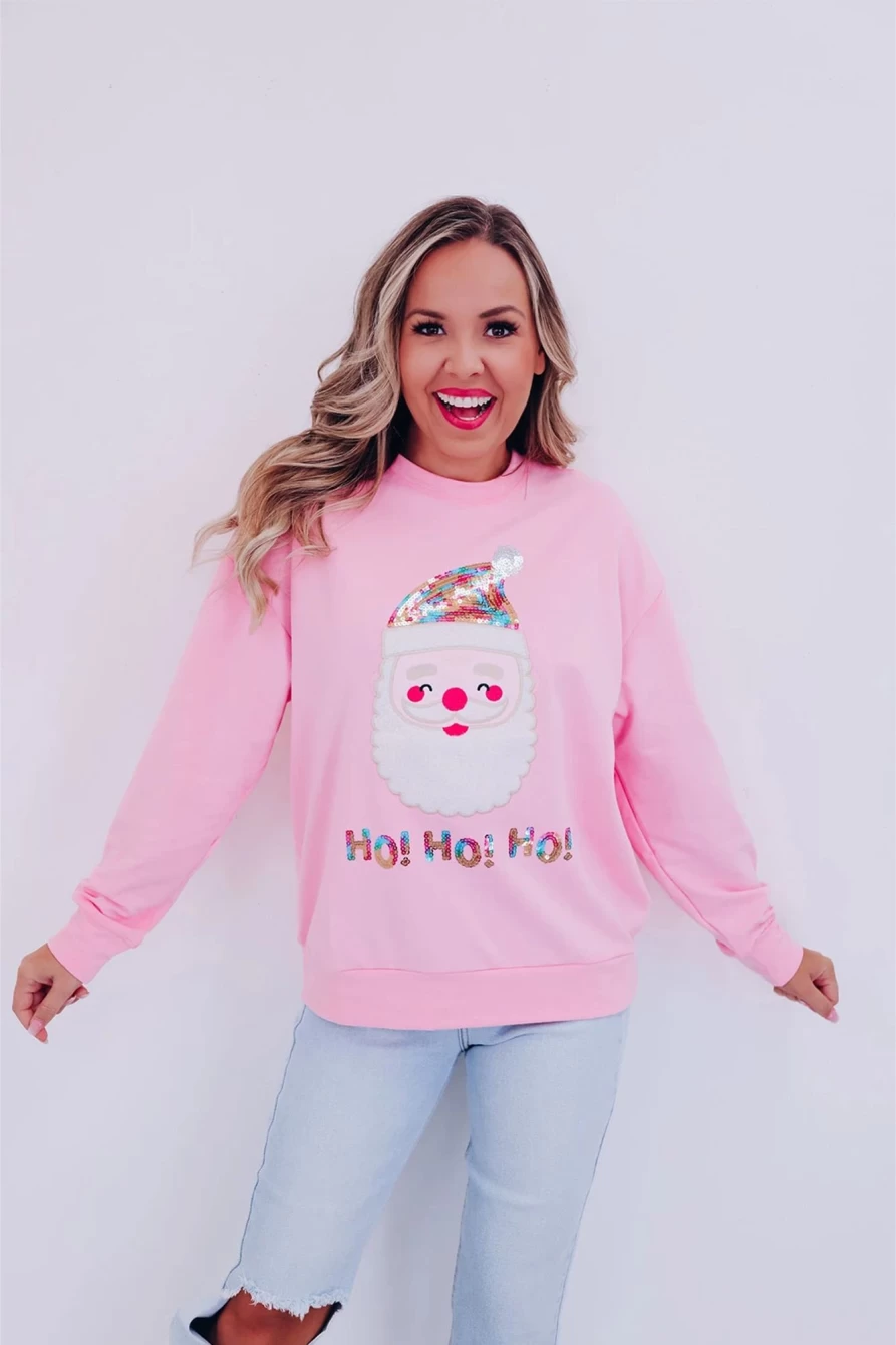 Shewin Women's Pink Ho Ho Ho Sequined Santa Claus Graphic Christmas Sweatshirt