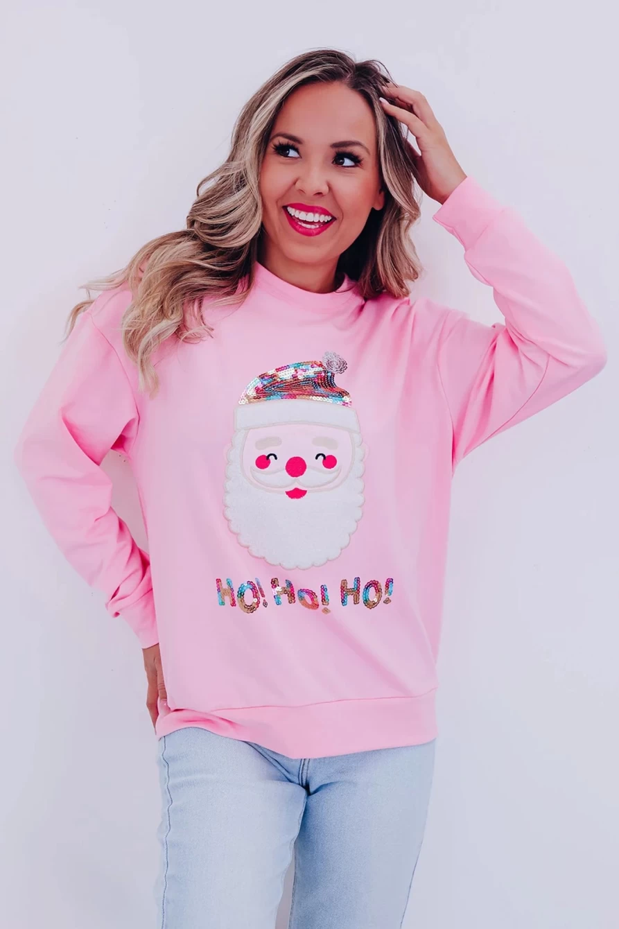 Shewin Women's Pink Ho Ho Ho Sequined Santa Claus Graphic Christmas Sweatshirt
