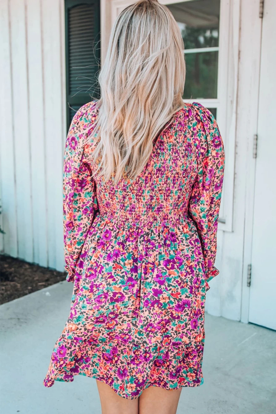 Shewin Women's Purple Floral Print Long Sleeve Smocked V-Neck Flounce Hem Dress