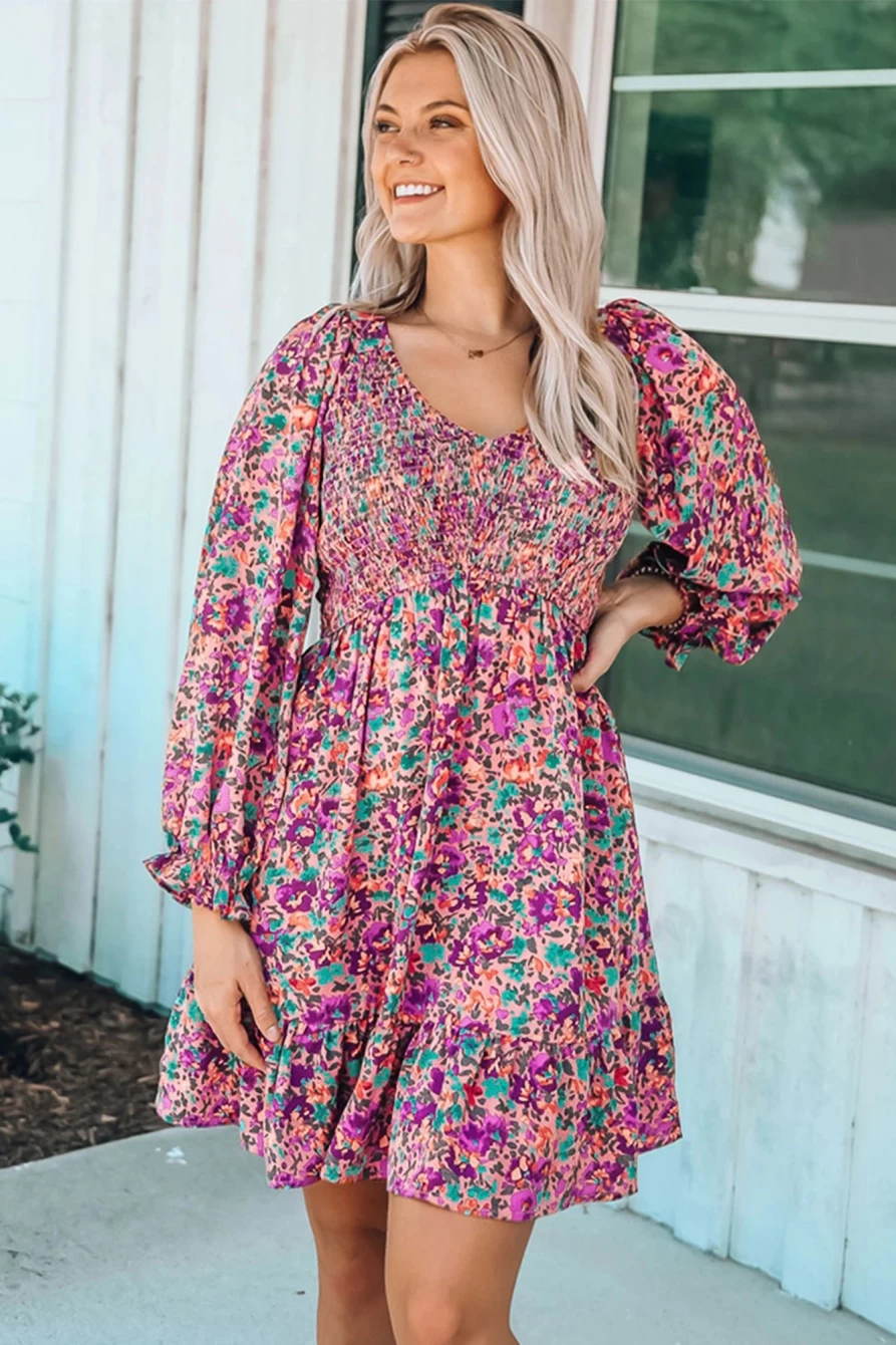 Shewin Women's Purple Floral Print Long Sleeve Smocked V-Neck Flounce Hem Dress