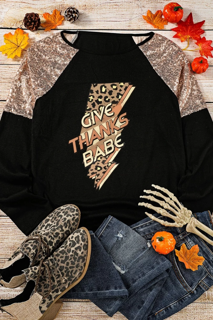 Shewin Women's Black Leopard Sequin Top - Give Thanks Babe Graphic Tee