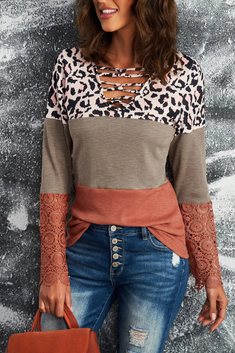 Shewin Women's Brown Leopard Print Long Sleeve Top - Criss Cross Lace Design Color Block Fashion