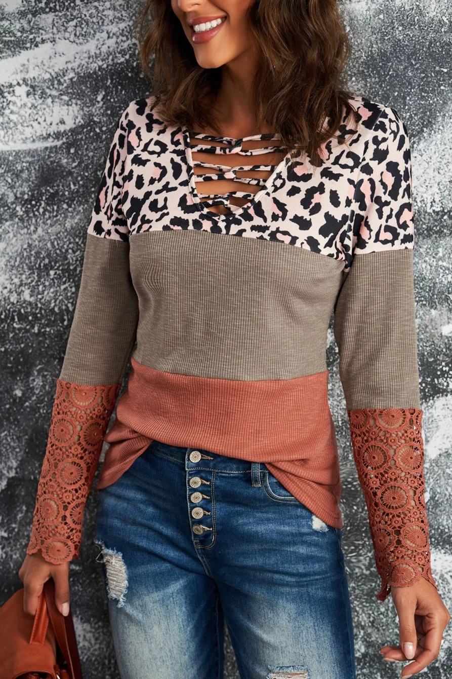 Shewin Women's Brown Leopard Print Long Sleeve Top - Criss Cross Lace Design Color Block Fashion