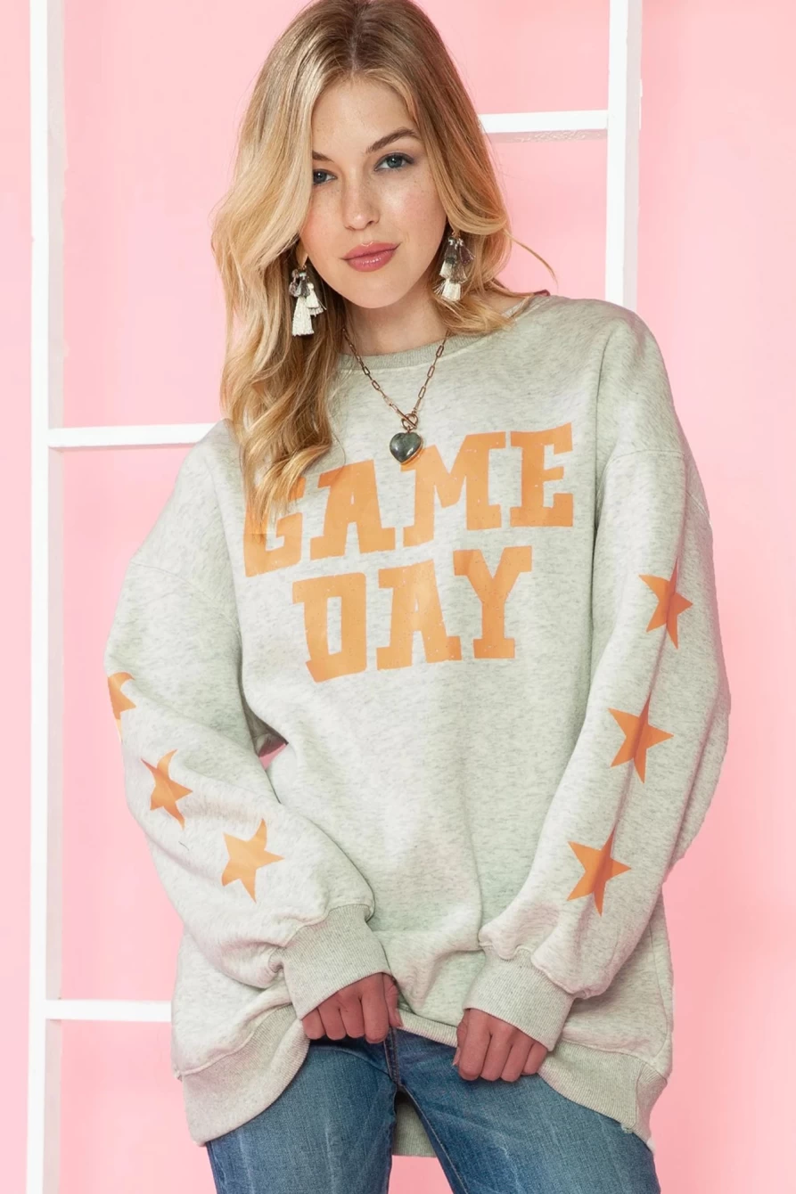 "Shewin Women's Grapefruit Orange Game Day Lettering Print Star Sleeve Sweatshirt"