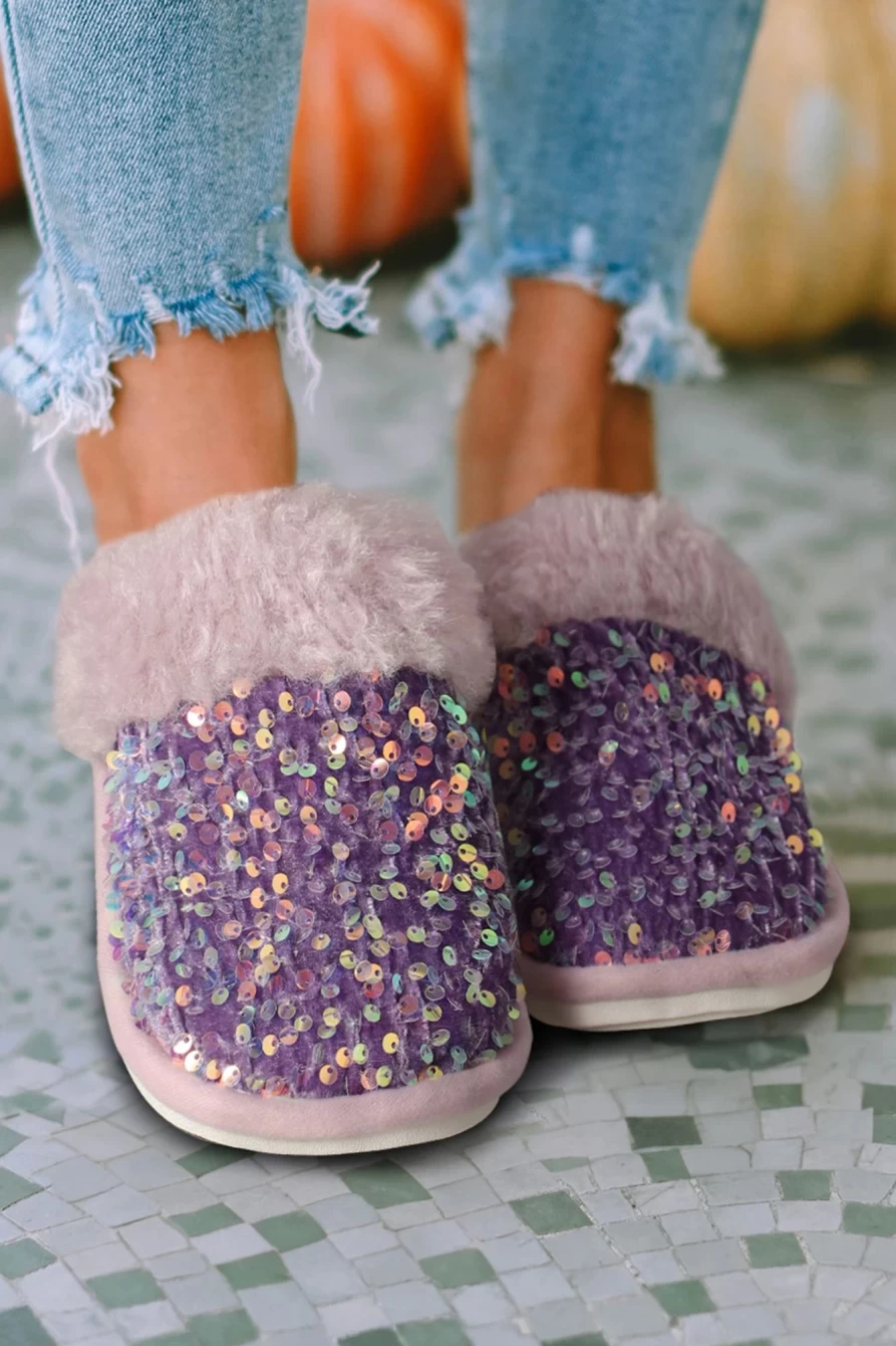 Shewin Women's Tillandsia Purple Sequin Furry Slippers with Patchwork Design for Winter
