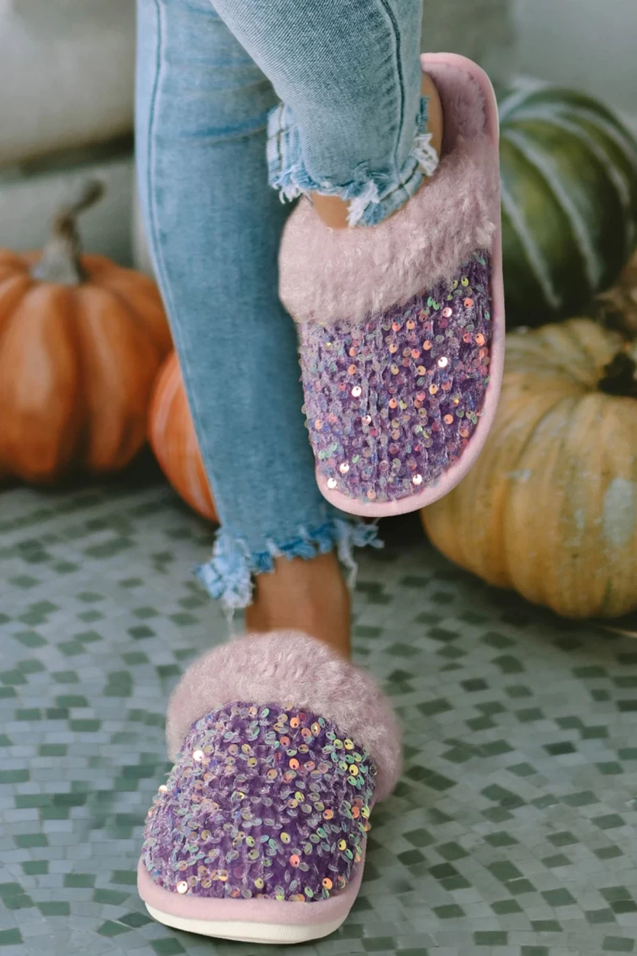 Shewin Women's Tillandsia Purple Sequin Furry Slippers with Patchwork Design for Winter