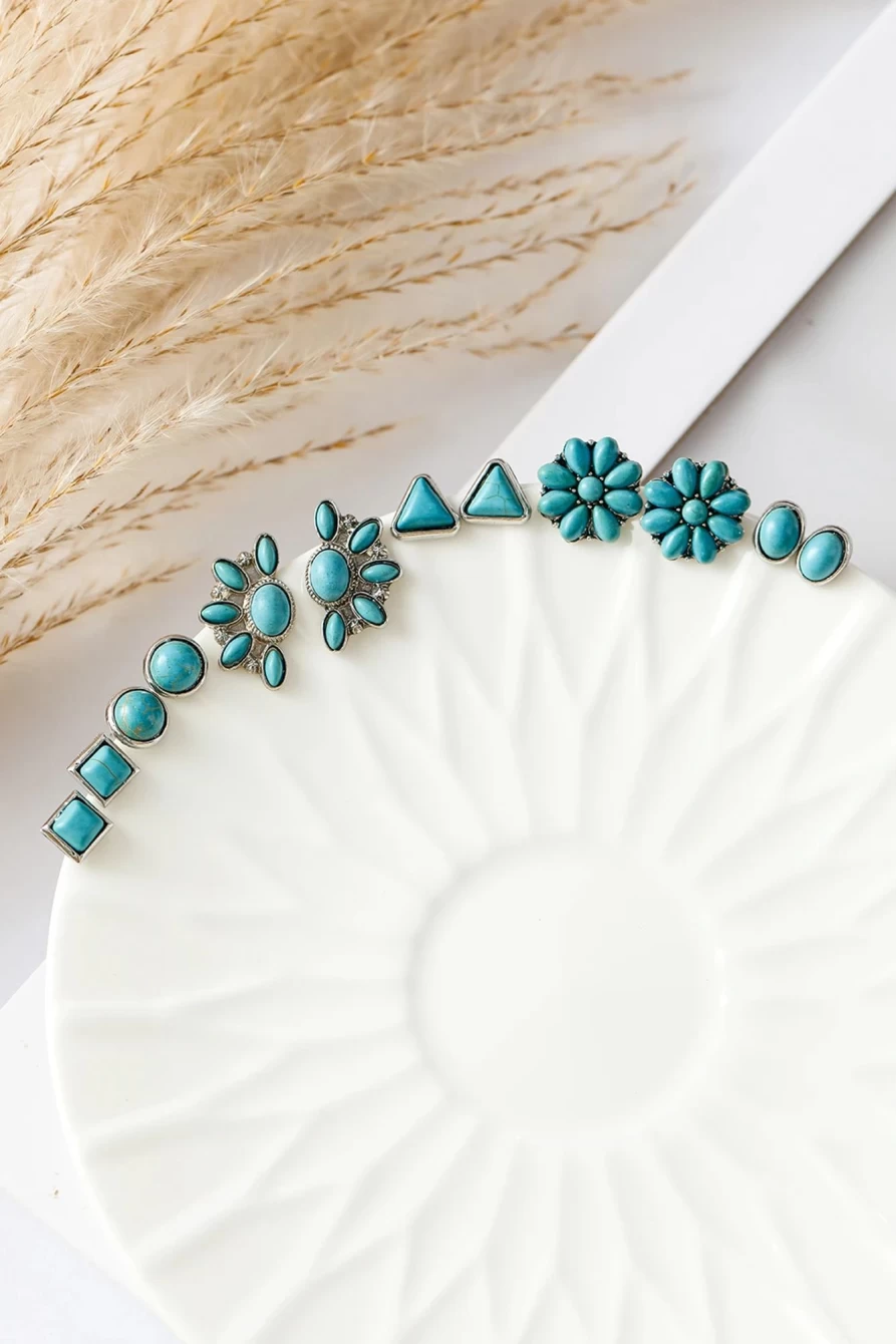 6Pcs Green Boho Vintage Earrings for Women by Shewin - Turquoise Dangle Hoop Earrings Set