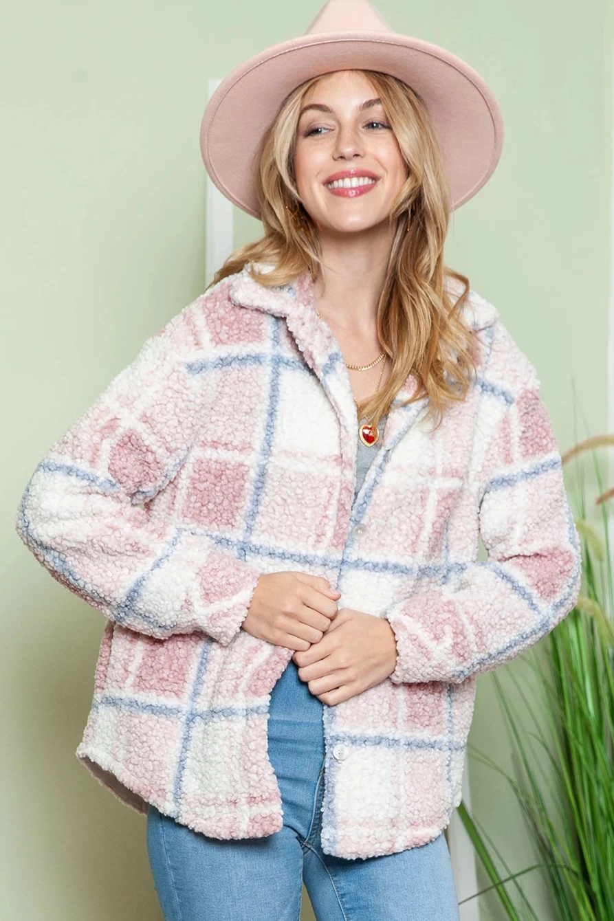 Women's Multicolor Check Print Sherpa Jacket with Turn Down Collar by Shewin