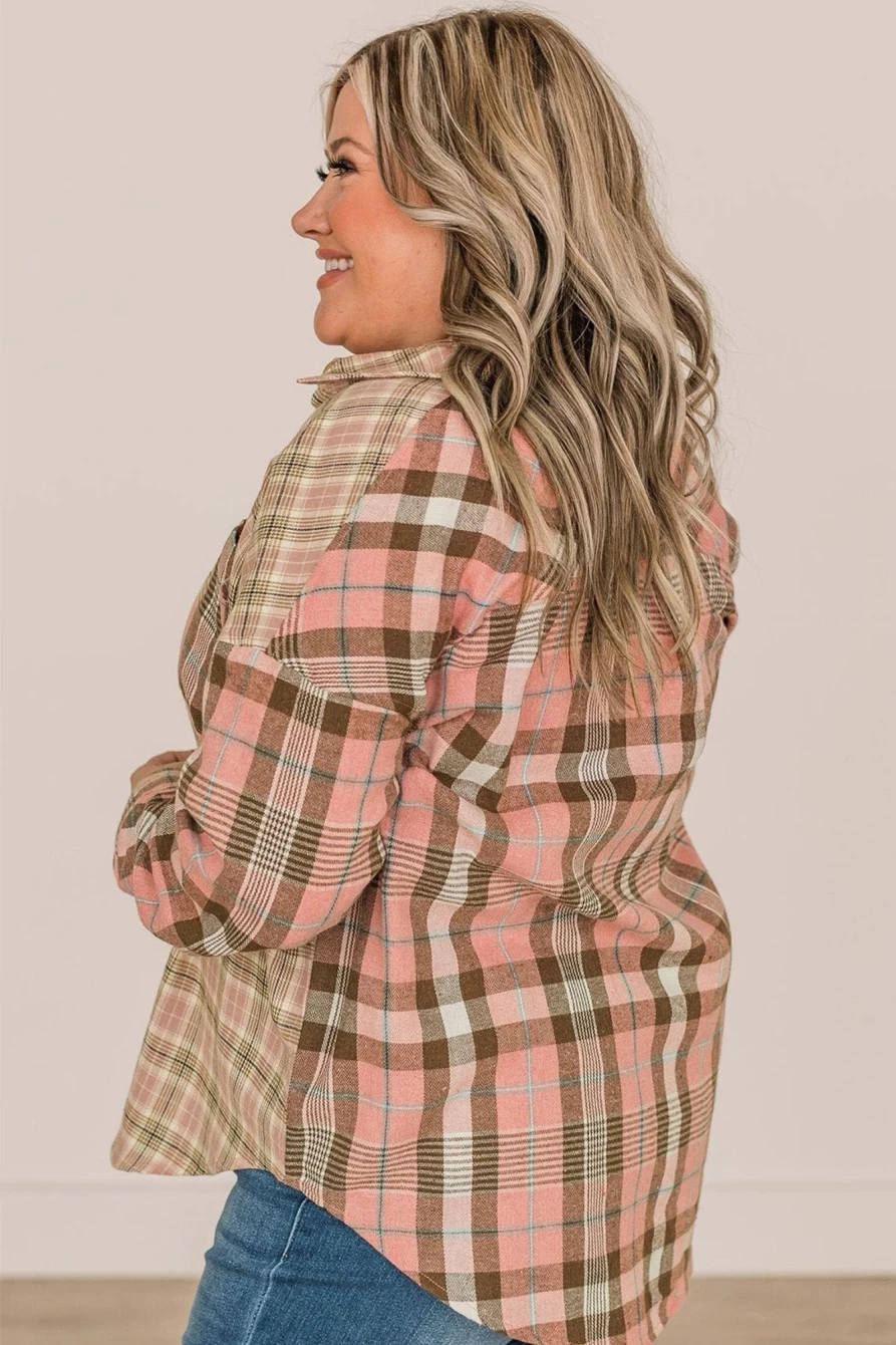 Shewin Women's Pink Plus Size Plaid Long Sleeve Shirt with Color Block & Pocket