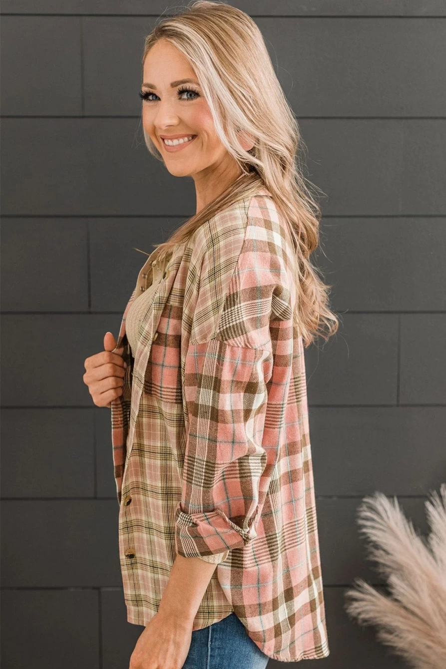 Shewin Women's Pink Plus Size Plaid Long Sleeve Shirt with Color Block & Pocket