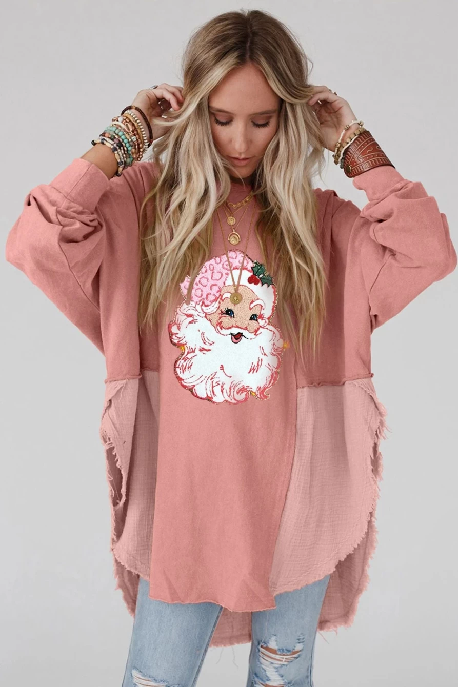 "SheWin Women's Rose Pink Santa Claus Graphic Patchwork Maxi Top"